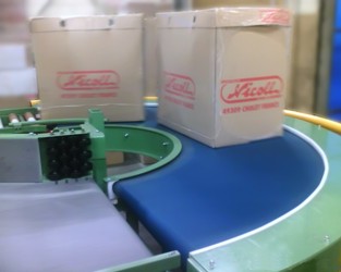 conveyor transporting boxes on a belt bend in mild steel